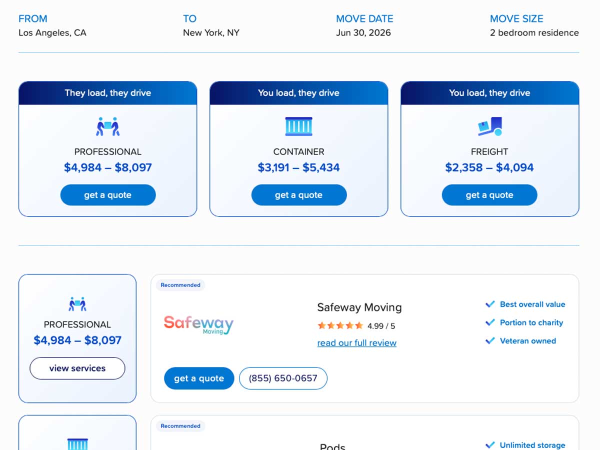 Moving cost calculator results page redesign project image