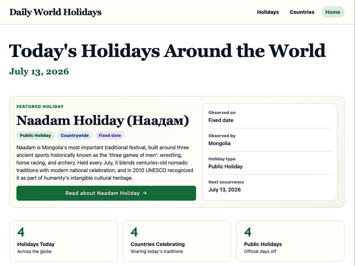Daily World Holidays Today page and holiday page interface